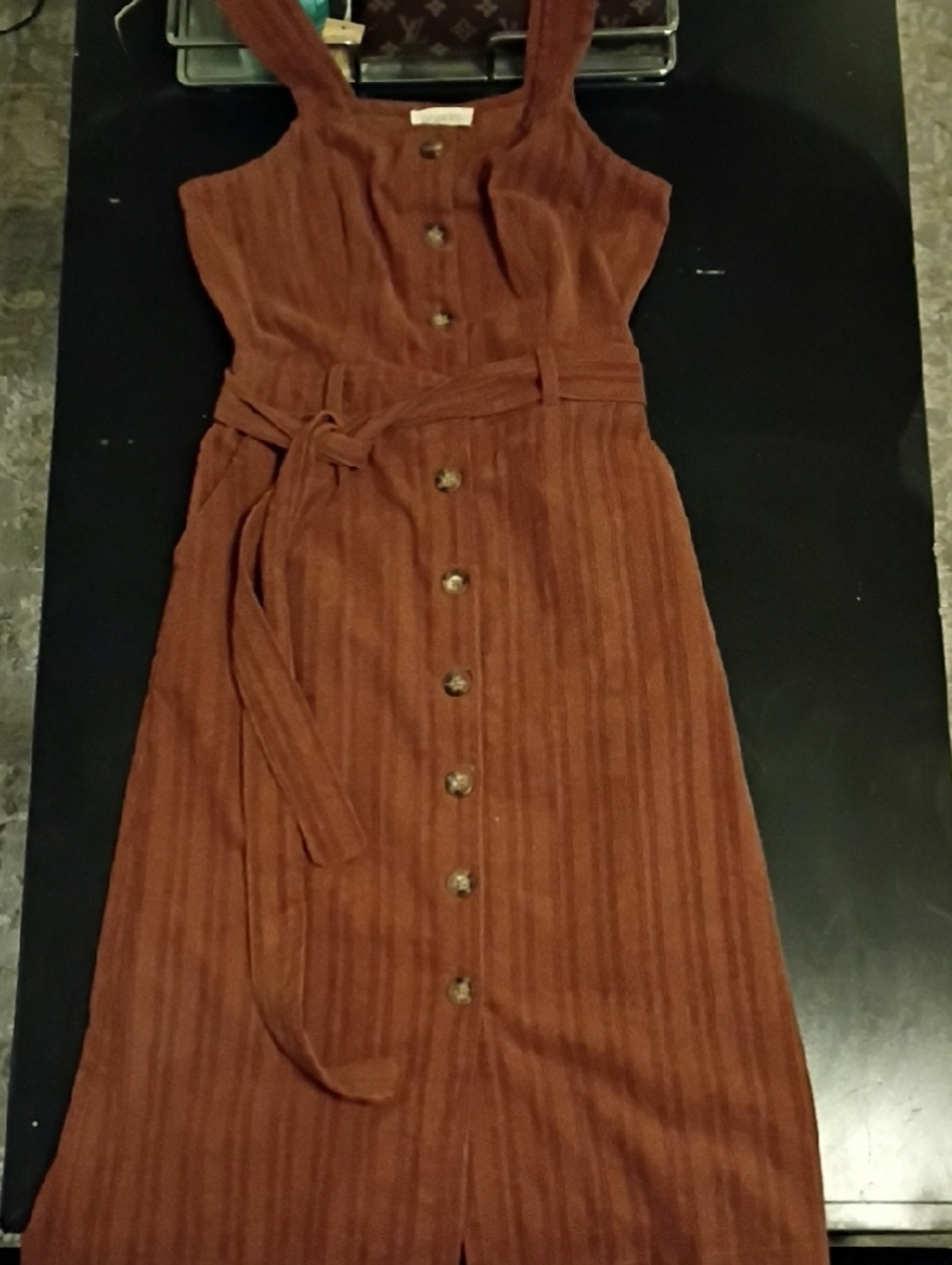 Roolee Burnt Orange Button-Front Midi Dress with Tie Waist